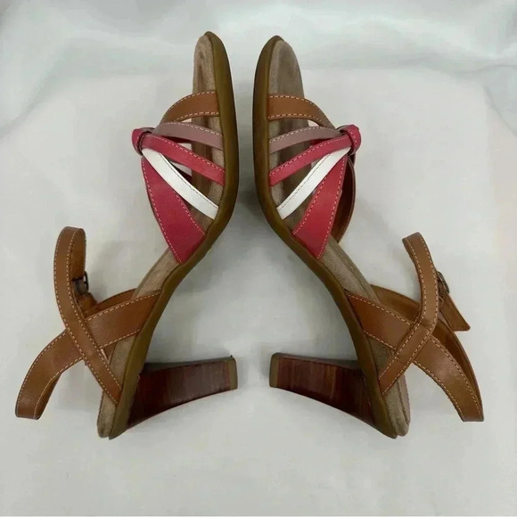 Aerosoles Womens Leather Sandals 6B Tan Pink White 3" Heel Strappy Adjustable - Picture 6 of 9